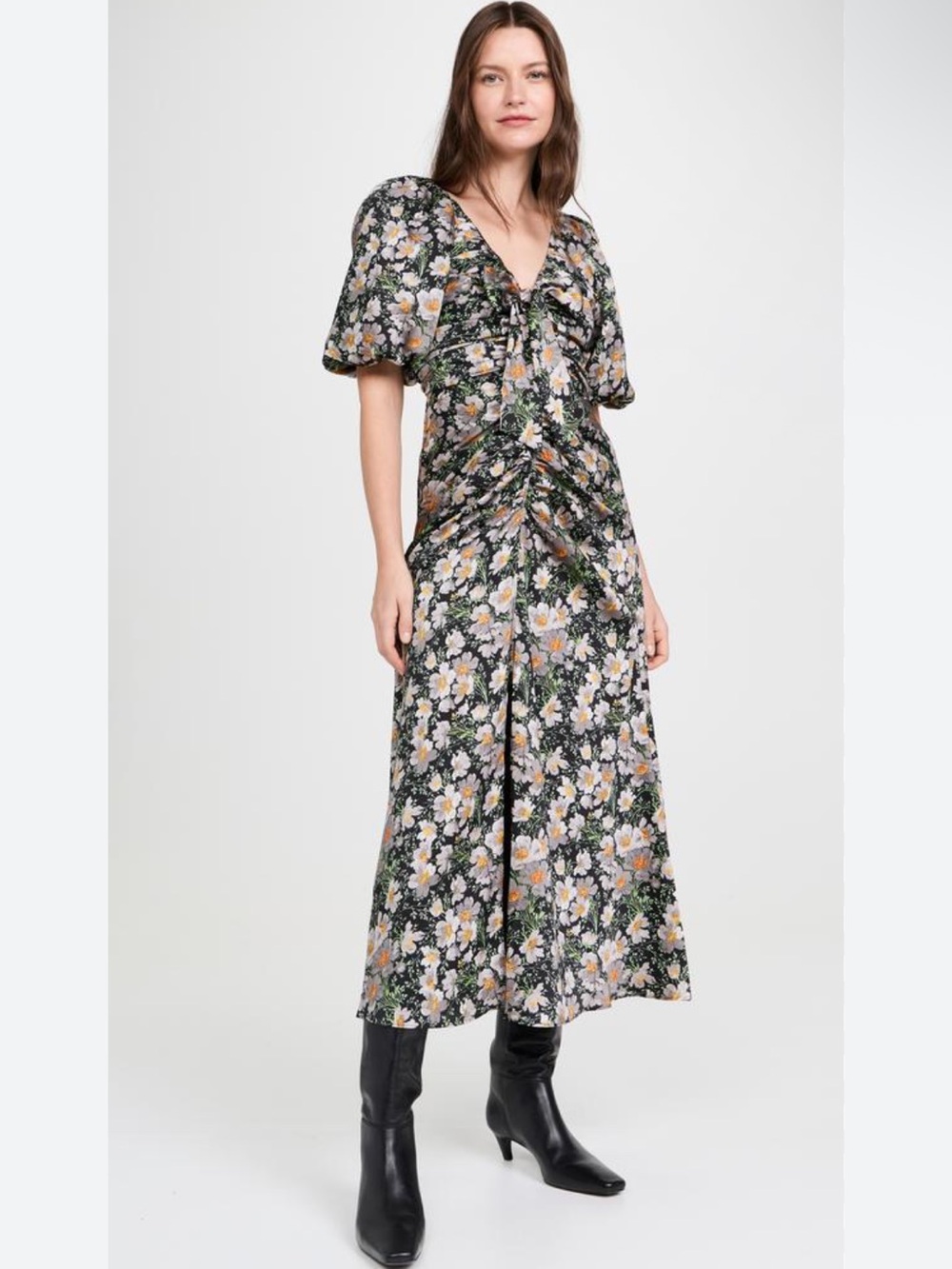 Cinq A Sept Brenton Puff Sleeve Midi Dress in Cosmo Flowers Size 10 $395 MSRP